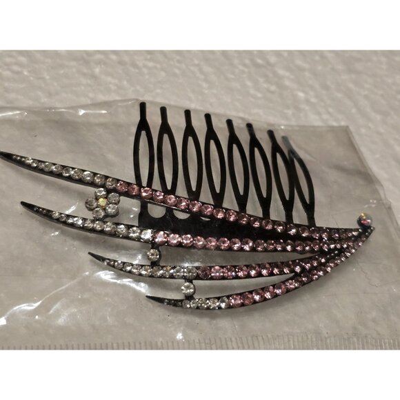 Black Hair Comb With Pink & Clear Rhinestones Decorative Design - Picture 4 of 4